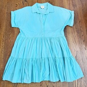 Boutique Lili Sidonio Sun Dress In Green With Buttons, Cuff Sleeves Size Large